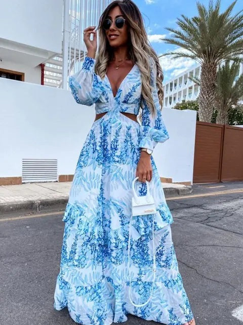 ROBE MAXI À MANCHES LANTERNEES POUR FEMMES | COL EN V